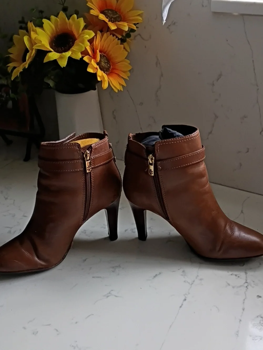 Tory Burch Chestnut Brown Leather Ankle Booties with Logo Accent